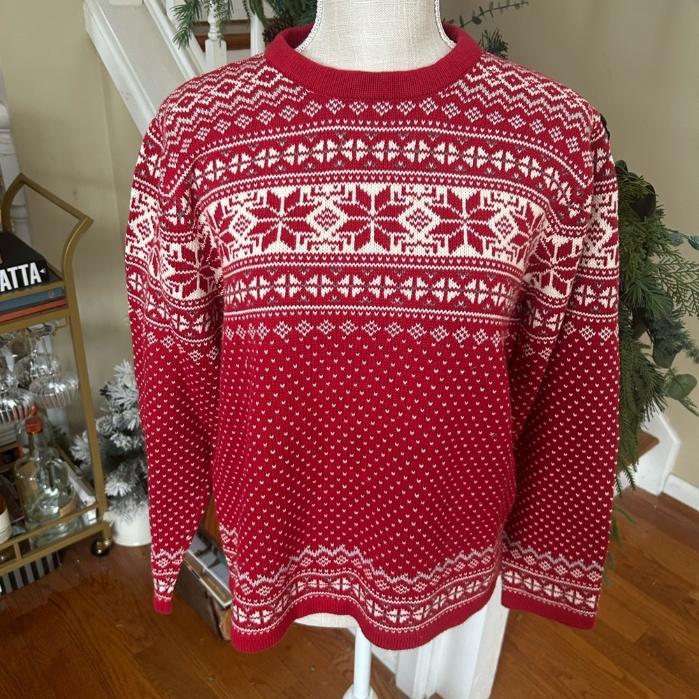 Liz Claiborne Red Fair Isle Sweater MP Snowflake Cabincore Ski Lodge Winter Cozy